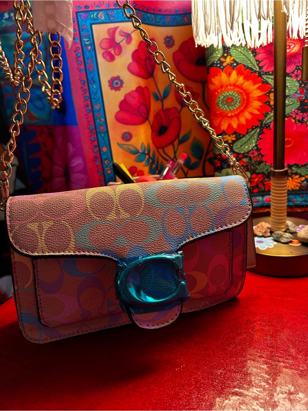 Coach Multicolor Pastel Signature Chain Shoulder Bag with Blue Accent